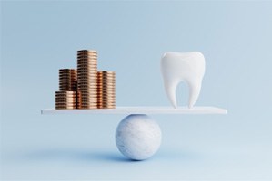 A scale weighing coins and a tooth, symbolizing the cost of a root canal in San Antonio