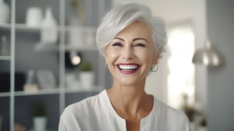 A older woman smiling with her dentures